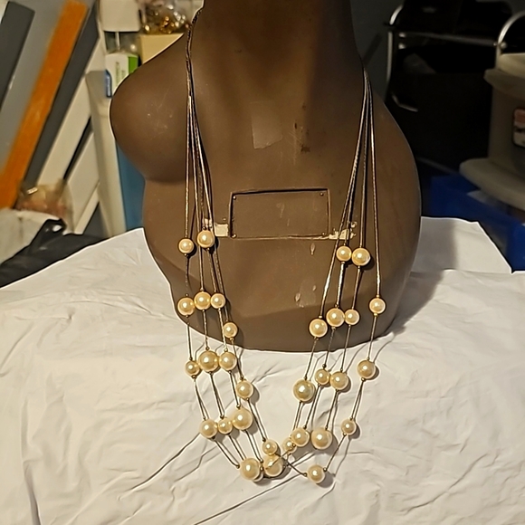 Long Layered Silvertone 4 Stand Necklace w/Fine Chains, Cultured Pearls, 28" - Picture 2 of 7